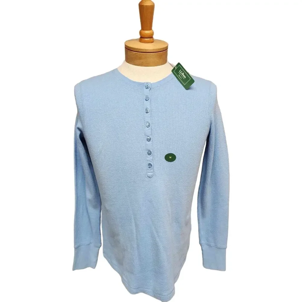 Vintage LL Bean Henley Sweater Mens Size M Fisherman Blue Waffle Knit Outdoor